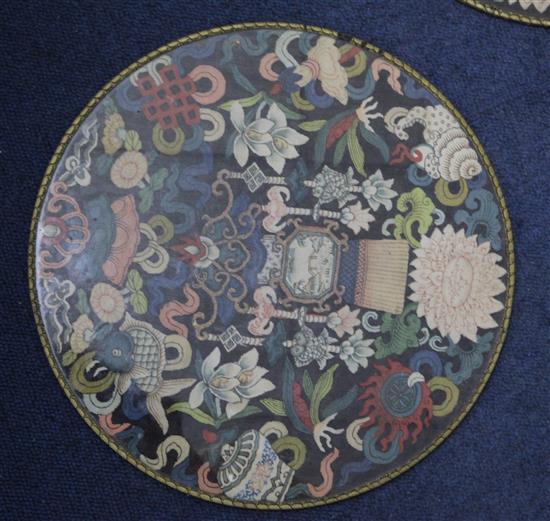 Three Chinese kesi woven roundels, 19th century, diameter 31cm, one glass cracked